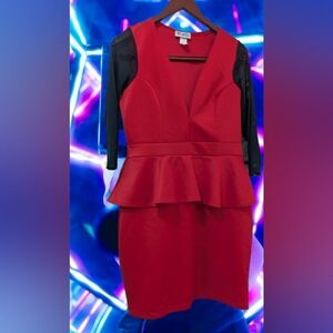 Vintage 1990s Red with Gauze Long MidSleeve Peplum Dress Size XL